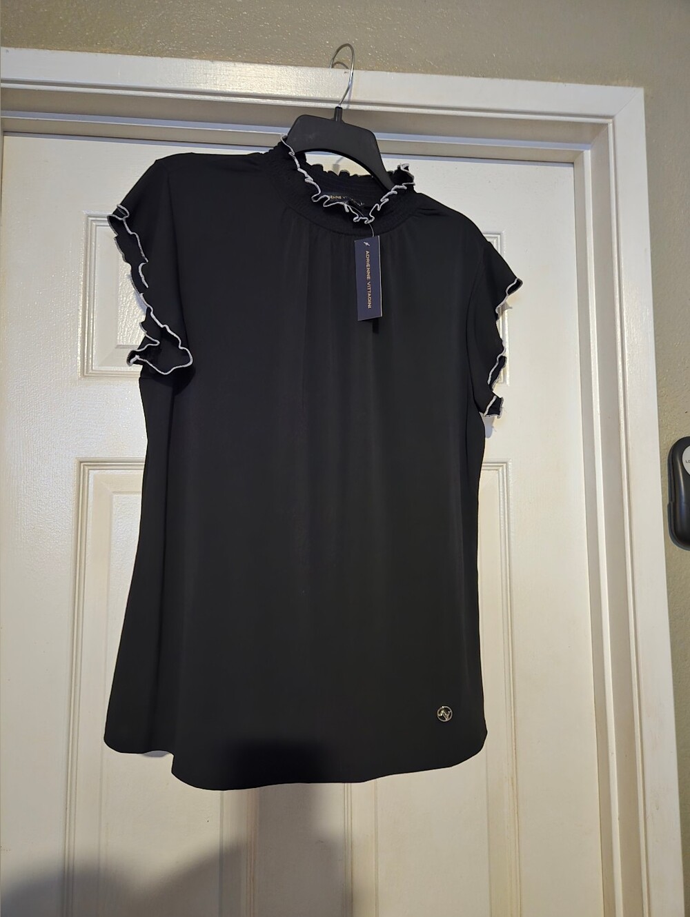 Adrienne Vittadini Black Blouse with White Ruffle Trim